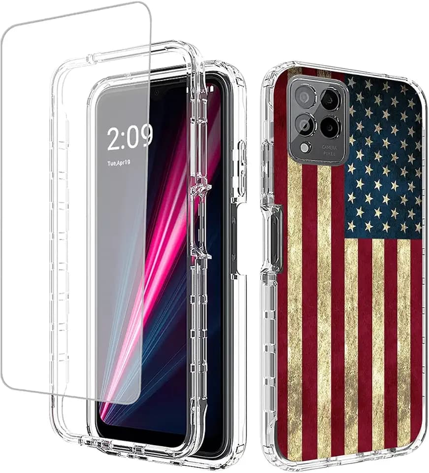 for REVVL 6 Pro Case, T Phone Pro 5G TMAF035G Case with Tempered Glass Screen Protector, Full-Body Cute Clear Flag Pattern Protective Phone Cover Case for T-Mobile REVVL 6 Pro 5G (USA Flag)
