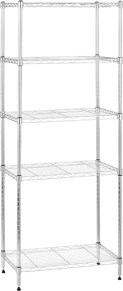 Amazon Basics schmaler Aufbewahrungsschrank mit 5 Regalböden, höhenverstellbaren Einlegeböden und Nivellierfüßen, max. 453 kg Gewicht, Chrom, 34 cm T x 58.9 cm B x 152.5 cm H
