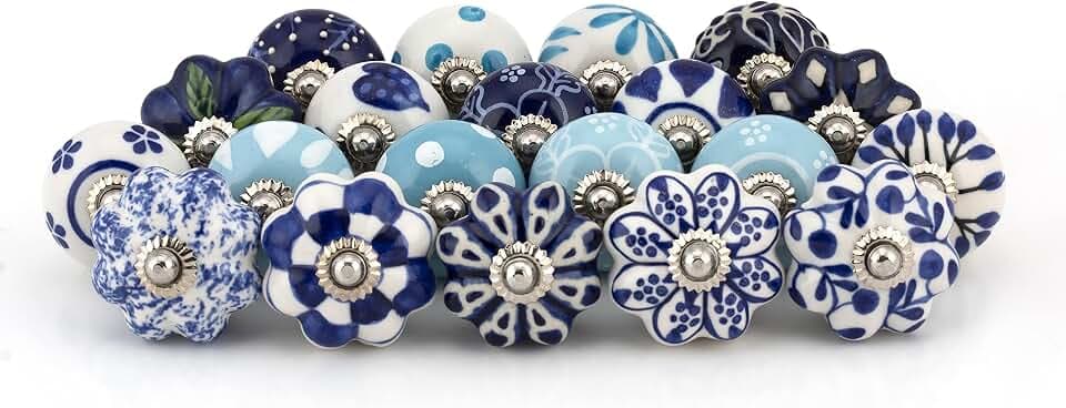 Craft Trade Ceramic Cabinet Knobs & Drawer Knobs – Kitchen Cabinet Hardware, Cupboard Handles, Dresser & Furniture Knobs – Decorative Handmade Pulls (Blue, Set of 20)