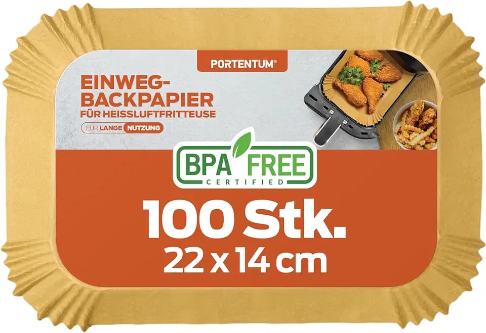 PORTENTUM Backpapier für Heißluftfritteuse mit Doppelkammer, 100 Stück 22x14cm Rechteckig Airfryer Papier Liners kompatibel mit Ninja Dual/Double Stack, und Anderen Dual Zone Air Fryer
