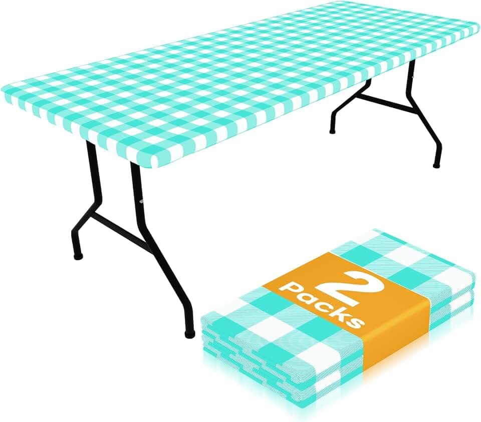 Smiry 6 Foot Picnic Table Cloth 2 Pack, Elastic Fitted Polyester Tablecloth