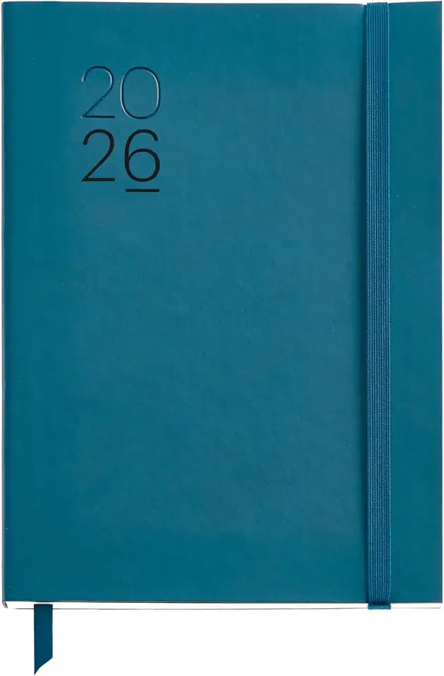 Miquelrius - Kalender 2026, Wochenansicht, ähnlich A5+ (155 x 213 mm), Wochenplaner, flexibler Einband aus genähtem Kunstleder, Papier 80 g/m², Spanisch-EN-PT, Blau