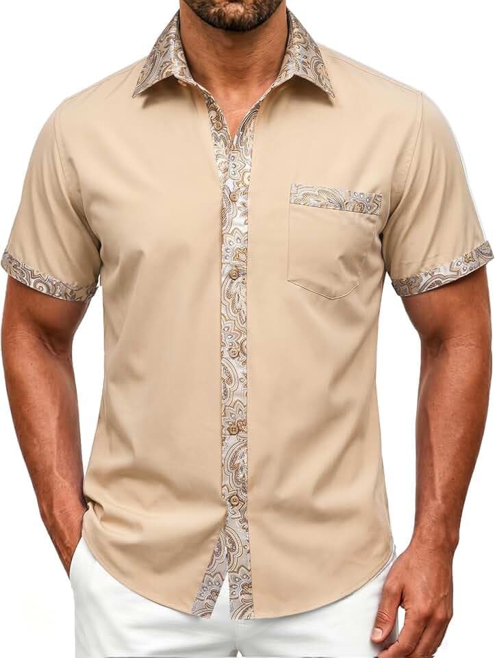 DiBanGu Mens Short Sleeve Dress Shirt Contrast Casual Button Down Shirt