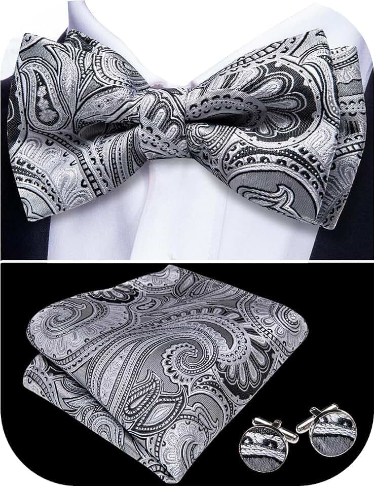 Barry.Wang Men's Paisley Silk Pre-tied Bow Tie Set Pocket Square and Cufflinks for Weddings and Formal Events
