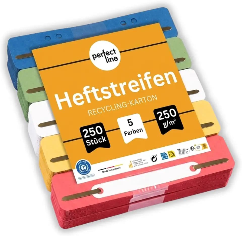 perfect line - 250 Heftstreifen Pappe, Aktendulli aus recycling Karton, 5 Farben, Abheftstreifen - made in Germany, Heftlaschen Blauer Engel zertifiziert