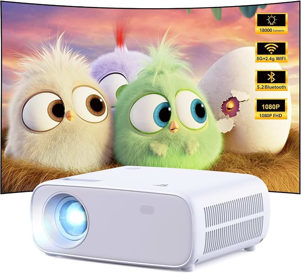 Full HD Beamer, 18000 Lumens hohe Helligkeit, WiFi/Bluetooth Heimkino Beamer, verlustfreie audiovisuelle Übertragung ohne Latenz, tragbarer Outdoor Projektor
