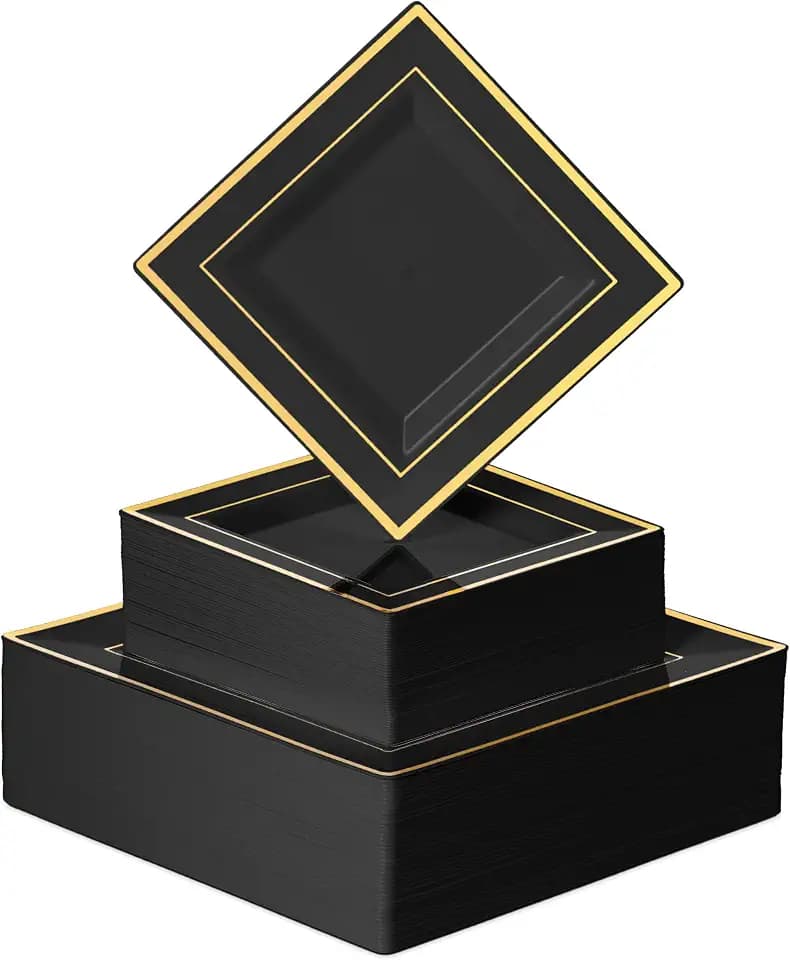 BloominGoods 100 PCS Disposable Plastic Black Square Plates, 100-Pack 6.5 & 10 In. Combo Premium Heavy Duty Gold Rim Square Plastic Plates, Ideal For Wedding, Party, Event Or Catering