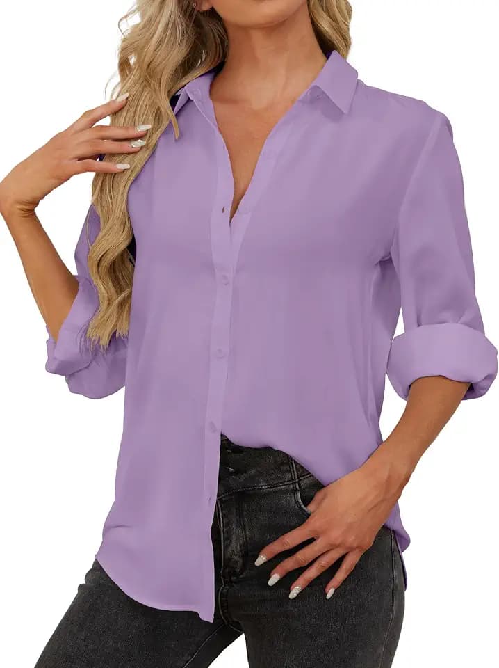 SPRING SEAON Damen-Bluse und Hemden, langärmelig, Knopfleiste, Chiffon, Kragen, V-Ausschnitt, locker, plissiert, Büro, Freizeit, Business, Arbeit