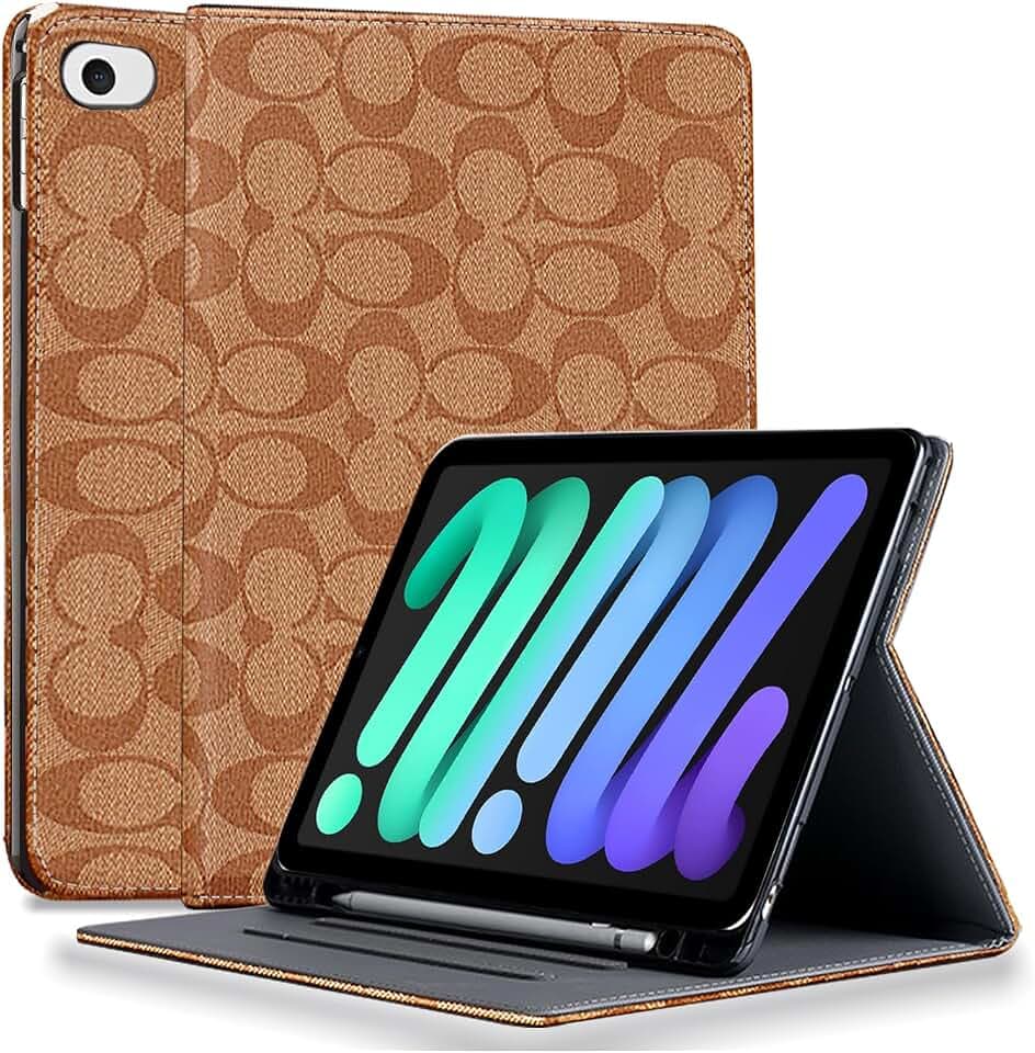 Designer Luxury Compatible with iPad Mini 5 2019/Mini 4 2015 (5th/4th Generation 7.9 inch) Aesthetic Retro Leather,with Pencil Holder and Soft TPU Back Case,Auto Sleep/Wake,for Women Girls-brown