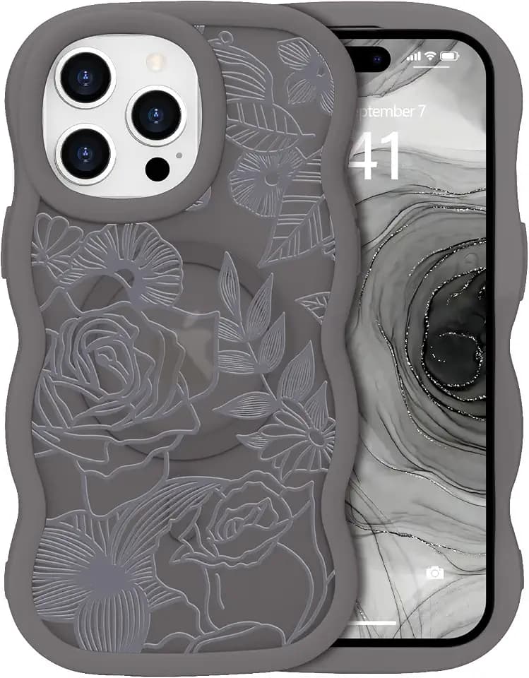 for iPhone 15 Pro Max Case Cute Curly Wavy Flower Grey
