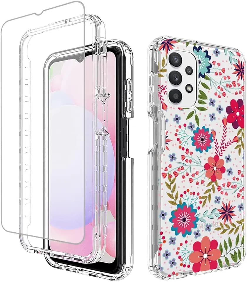 Case for Galaxy A13 4G/A13 LTE 4G SM-A135F Case with Tempered Glass Screen Protector, Soft 360 Full Body Shockproof Bumper Crystal Clear Case Cover for Samsung Galaxy A13 4G (Floral Prints)
