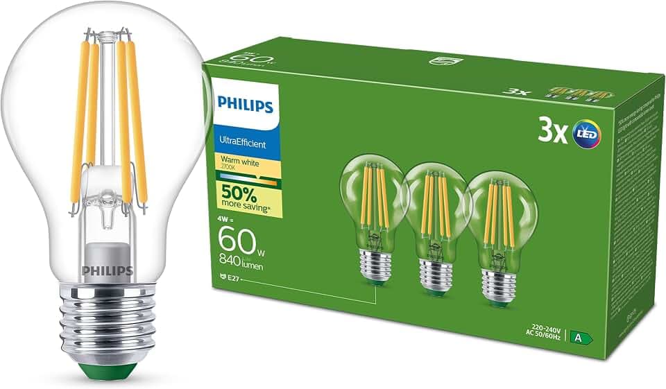 Philips Ultra Efficient LED Lampe A60, E27, Klar, 3er Pack