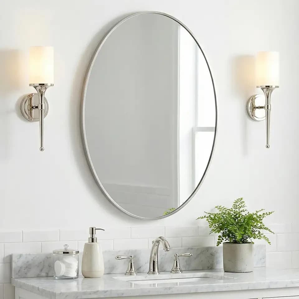 Oval Mirror 20x30 Brushed Nickel Bathroom Mirror Stainless Steel Metal Frame Vanity Mirror Wall Mount Mirror for Entryway Bedroom Bathroom Living Room