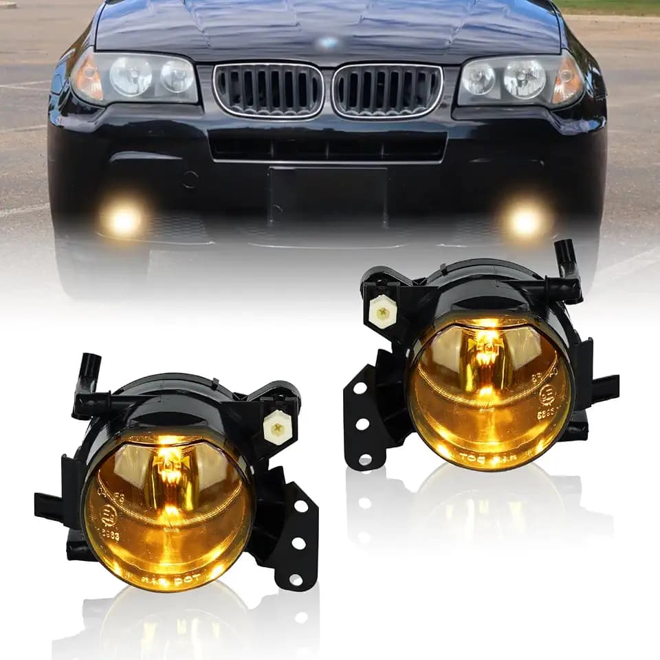 SAE J583 Fog Lights for BMW 3/5/6 Series & X3 (2003-2011) - Direct Fit E46/ E90/ E91/ E60/ E61/ E63/ E64/ E83 Models with M-Sport Bumper, Fog Lamps Replacement + 9006 Bulbs (Yellow)
