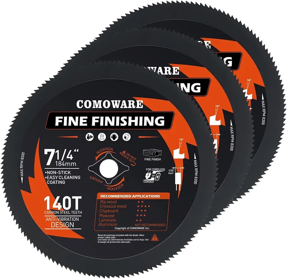 COMOWARE 7-1/4“ Circular Saw Blade 3 PCS, 140T Table Saw Blade, 5/8" Arbor, ATB Circular Saw Blade, Anti-Vibration, Teflon Anti-Stick, Miter Saws Blades for Wood, Laminate, Plywood & Hardwoods