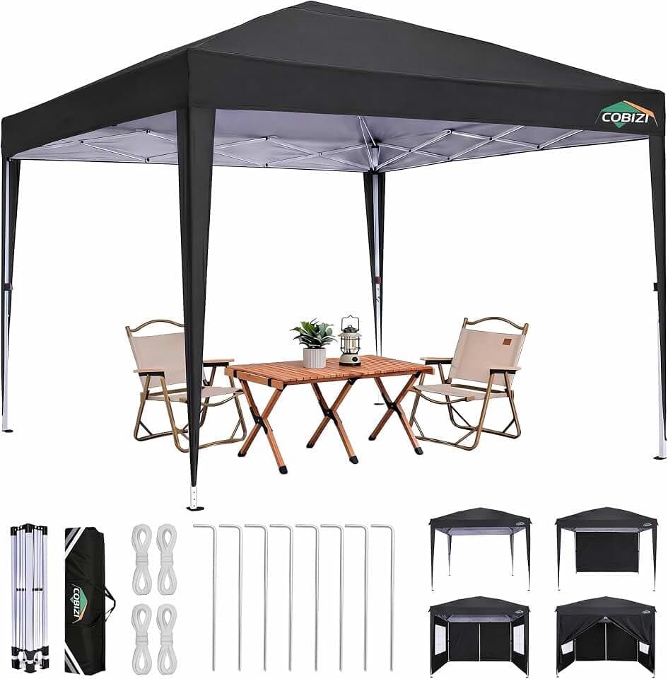 COBIZI 10x10 Pop up Canopy Tent, 10 by 10 Easy Setup Pop up Gazebo with 4 Sidewalls & Center Lock, Small Portable Instant Waterproof Outdoor Tent Canopy for Patio Backyard Vendor Event Sports, Black