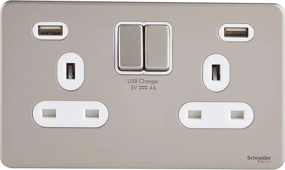Schneider Electric Ultimate schraubenlose, geschaltete Doppelsteckdose mit flacher Platte, mit USB-Ladeanschlüssen, 13 A, GGBGU3424DWPN, Perlnickel mit weißem Einsatz