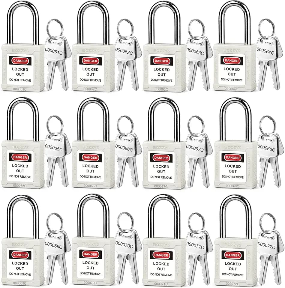 Lockout Tagout Locks 12-Pack｜OSHA White Loto Locks Keyed Different｜2 Keys/Lock for Industrial Machinery & Electrical Panels｜Chrome Steel & Laser Coding