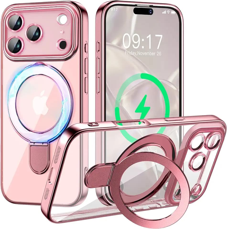 Magnetic for iPhone 17 Pro Max Case with Invisible Stand[Compatible with MagSafe][Full Camera Lens Protector][Military Drop Protection] Shockproof Not Yellowing Clear Slim Soft for Women Men