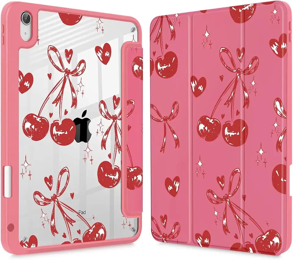 Mektron Case for 2025 iPad 11 inch (A16 Chip) 11th Gen Fit iPad 10th Gen10.9 inch 2022, Buit in Pencil Holder with Shockproof Cover Clear Shell + Trifold Stand + Auto Wake/Sleep, Cherries Bows C288