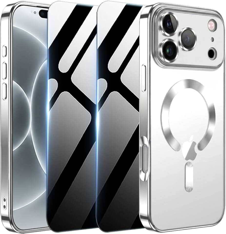 Magnetische Hülle für iPhone 17 Pro Max mit 2 Sichtschutzfolie [kompatibel mit MagSafe],Ultradünn Anti-Vergilbung HandyHülle Stoßfest Kratzfest Schutzhülle für iPhone 17 ProMax,Silber