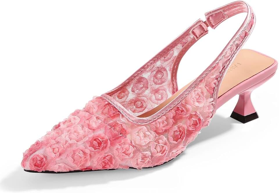 Elegant Lace Kitten Heels for Women - Slingback Pointed Toe Floral Mesh Dress Shoes - Low Heel Formal Wedding Guest Party Sandals