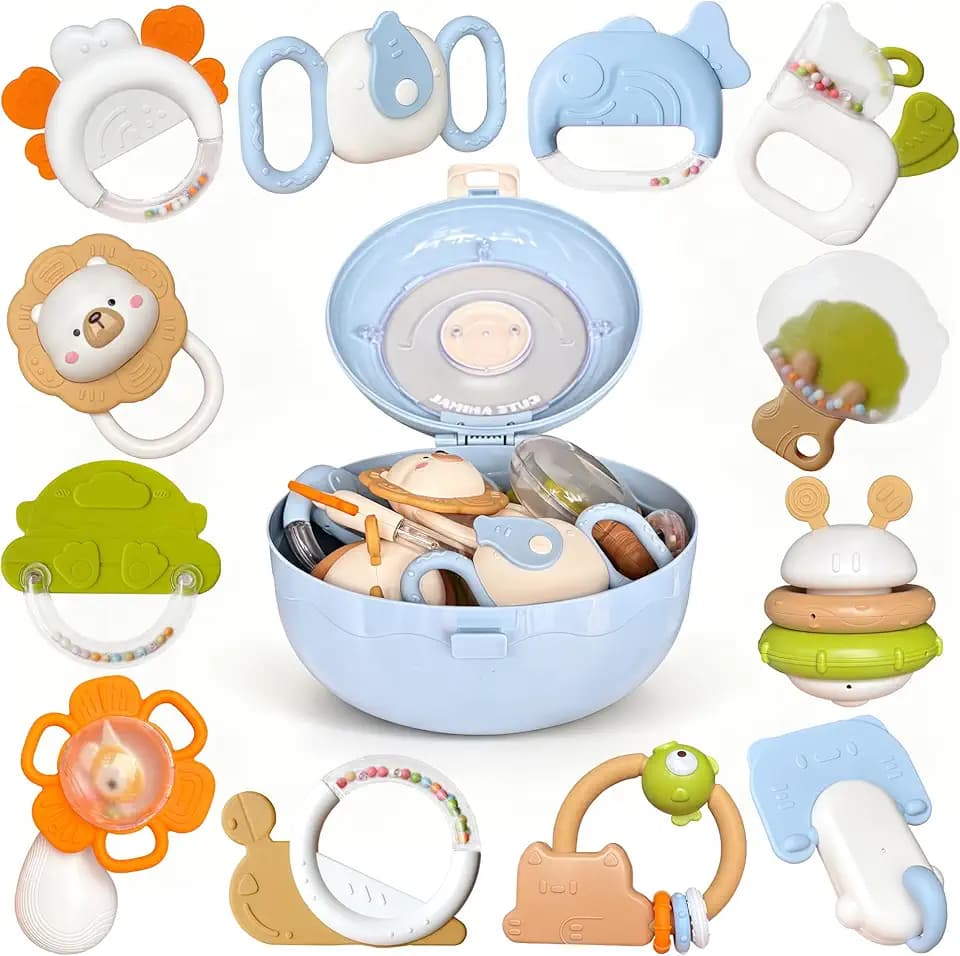Beißring Rassel Baby Spielzeug - Zahnungshilfe Babyspielzeug 6 9 12 Monaten Shaker Greifling Baby, Montessori Sensorik Spielzeug, Neugeborenes Geburtstag/Weihnachtsgeschenke - 12 PCS