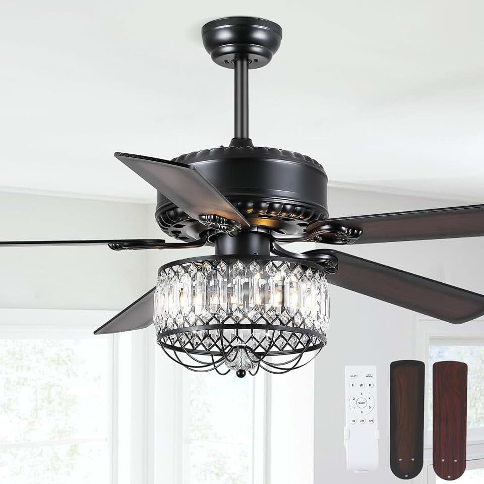 Kviflon 52 Inch Crystal Fandelier Chandelier Ceiling Fans with Lights Black