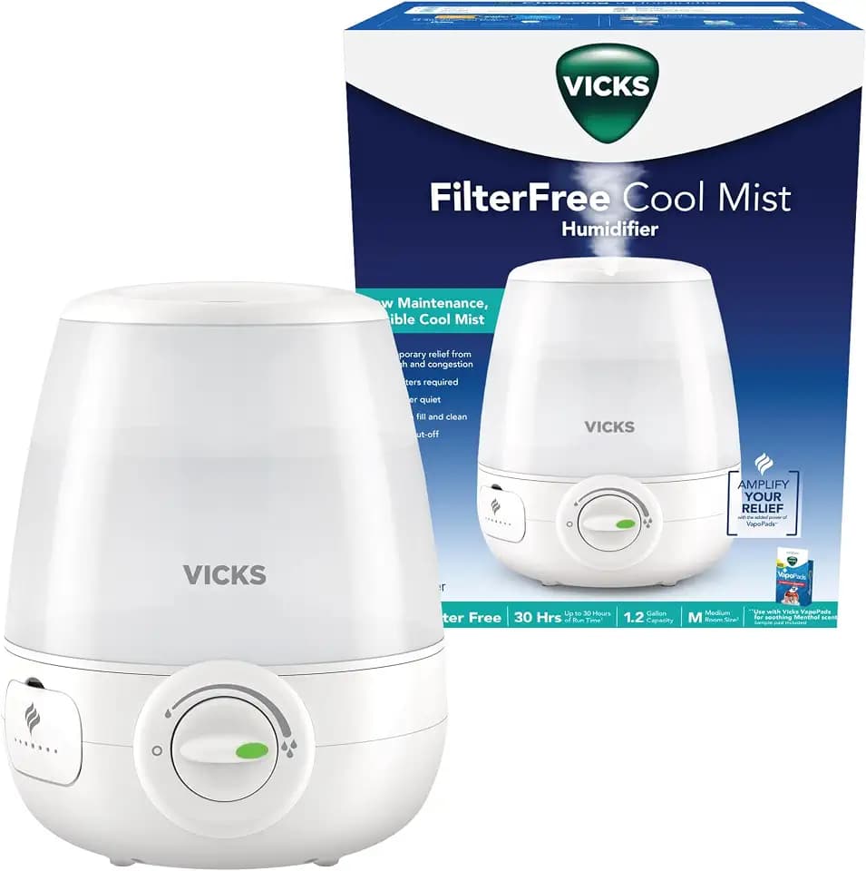 Vicks Filter-Free Ultrasonic Humidifier for Bedroom or Nursery 1.2 Gal Tank
