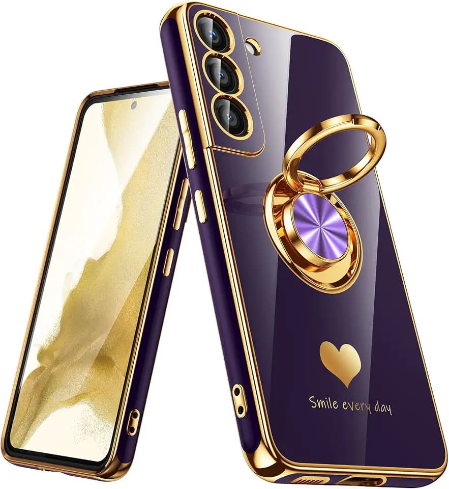 for Samsung Galaxy S22 5G Case, 360° Rotatable Ring Holder [Luxury Hearts Pattern] Plating Gold Edge Slim Soft Phone Cover Case for Galaxy S22 - Purple
