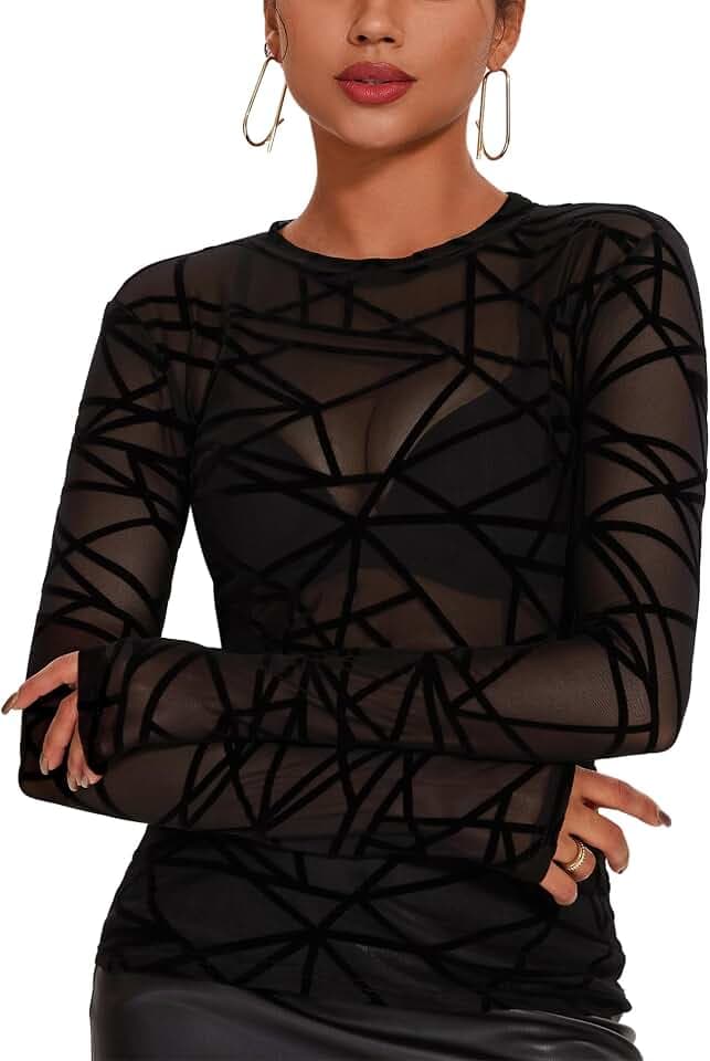 AKEWEI Womens Mesh Long Sleeve Tops Crew Neck Sexy See Through Tee Shirts Party Club Night Lace Blouse