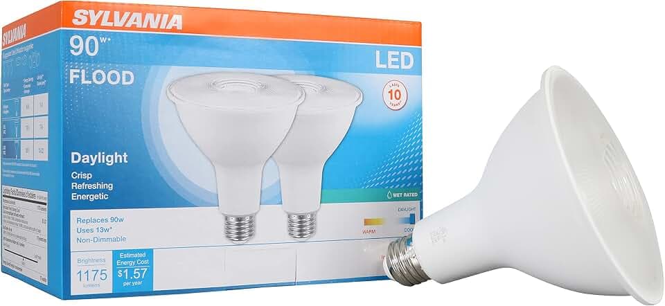 Sylvania LED Flood PAR38 Light Bulb, 90W Equivalent, Efficient 13W, 10 Year, 1175 Lumens, Medium Base, Non-Dimmable, 5000K, Daylight - 2 Pack (79736)