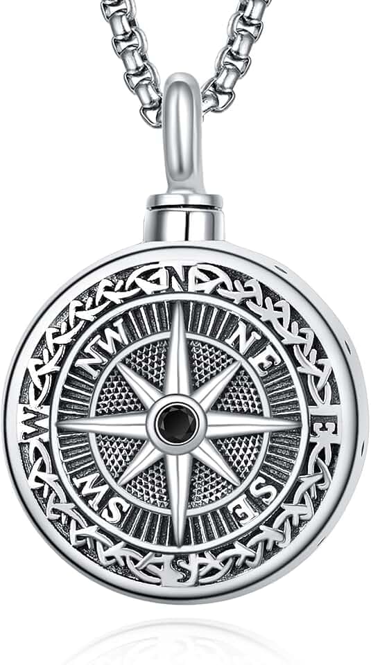 KINGWHYTE Urn Necklace for Ashes 925 Sterling Silver Compass Cremation Jewelry for Ash Pendant Keepsake Memorial Gifts for Men Women Dog