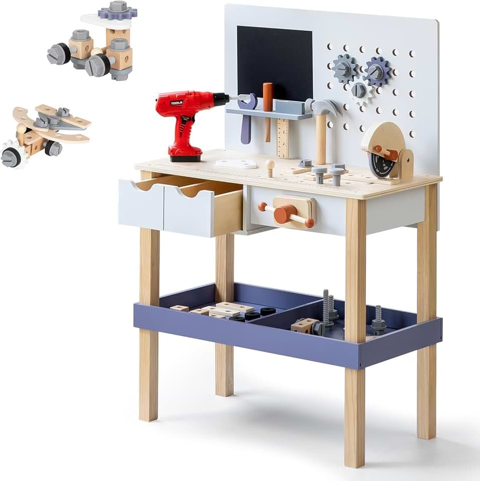Holz Kinder Werkbank mit Elektrobohrer, Werkzeugbank mit Aufbewahrung