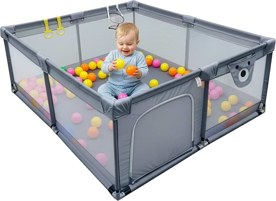 Relaxdays Laufstall Baby, 120 x 150 cm, Laufgitter, 50 Bällen, 2 Laufstallringe, sichere Spielecke, Oxford-Gewebe, grau