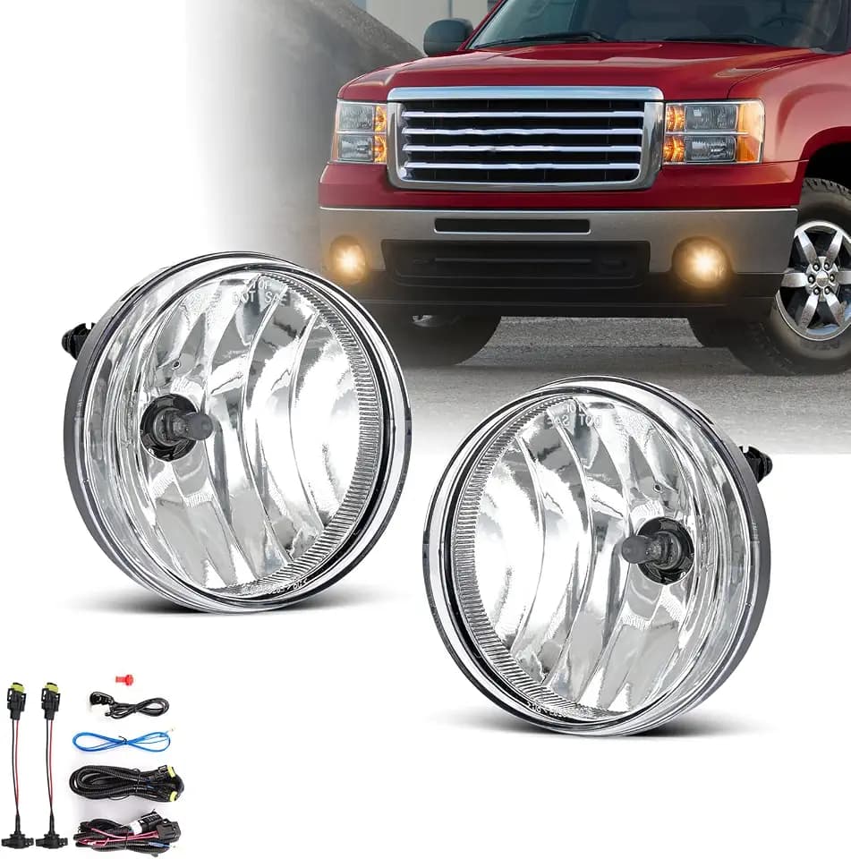 Fog Lights Assembly for 2007 2008 2009 2010 2011 2012 2013 GMC Sierra 1500 Replacement Fog Lamp Kit for 2007-2014 Sierra 2500 3500 HD with Switch & Wiring H8 12V 35W Halogen Bulb Clear Lens
