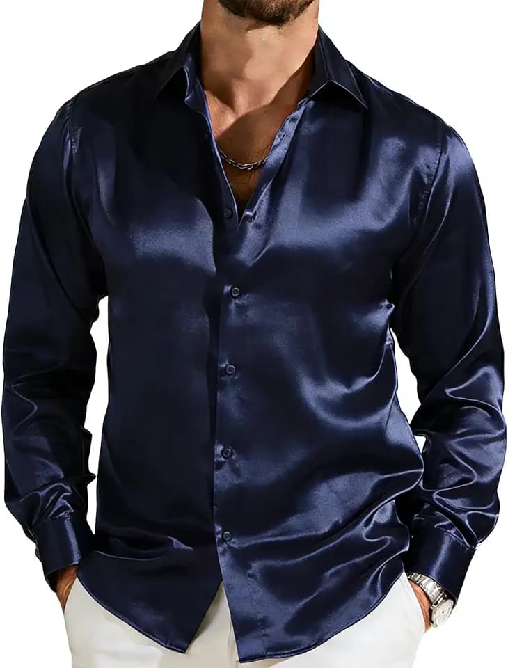 Barry.Wang Shiny Mens Satin Shirt Disco Long Sleeve Silk Button Down Shirts
