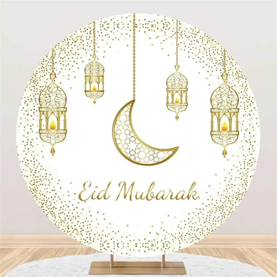 7.5ft Eid Mubarak Round Backdrop Cover Circle Arabian Ramadan Mubarak Islamic Muslim Circle Backdrop Gold Moon Lantern Circle Circle Background Polyester for Hajj Festival Party Decor Banner