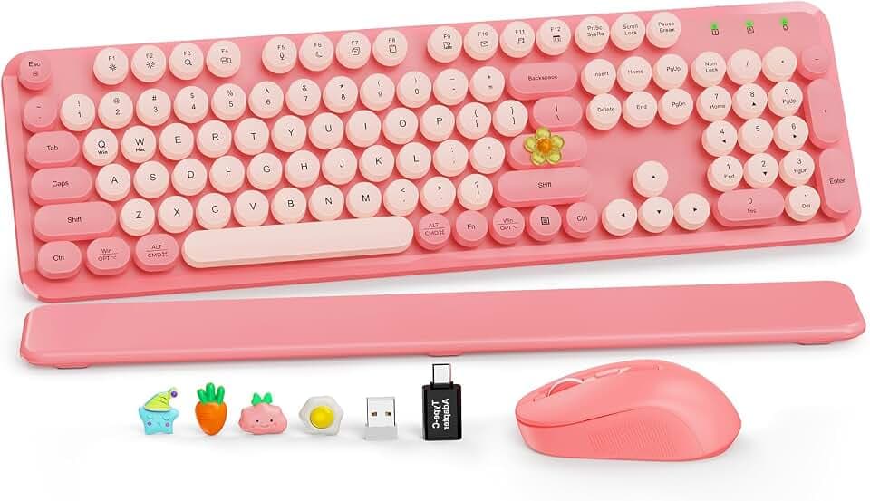 Wireless Keyboard and Mouse, Round Keycaps, Magnetic Wrist Rest, Baby Pink