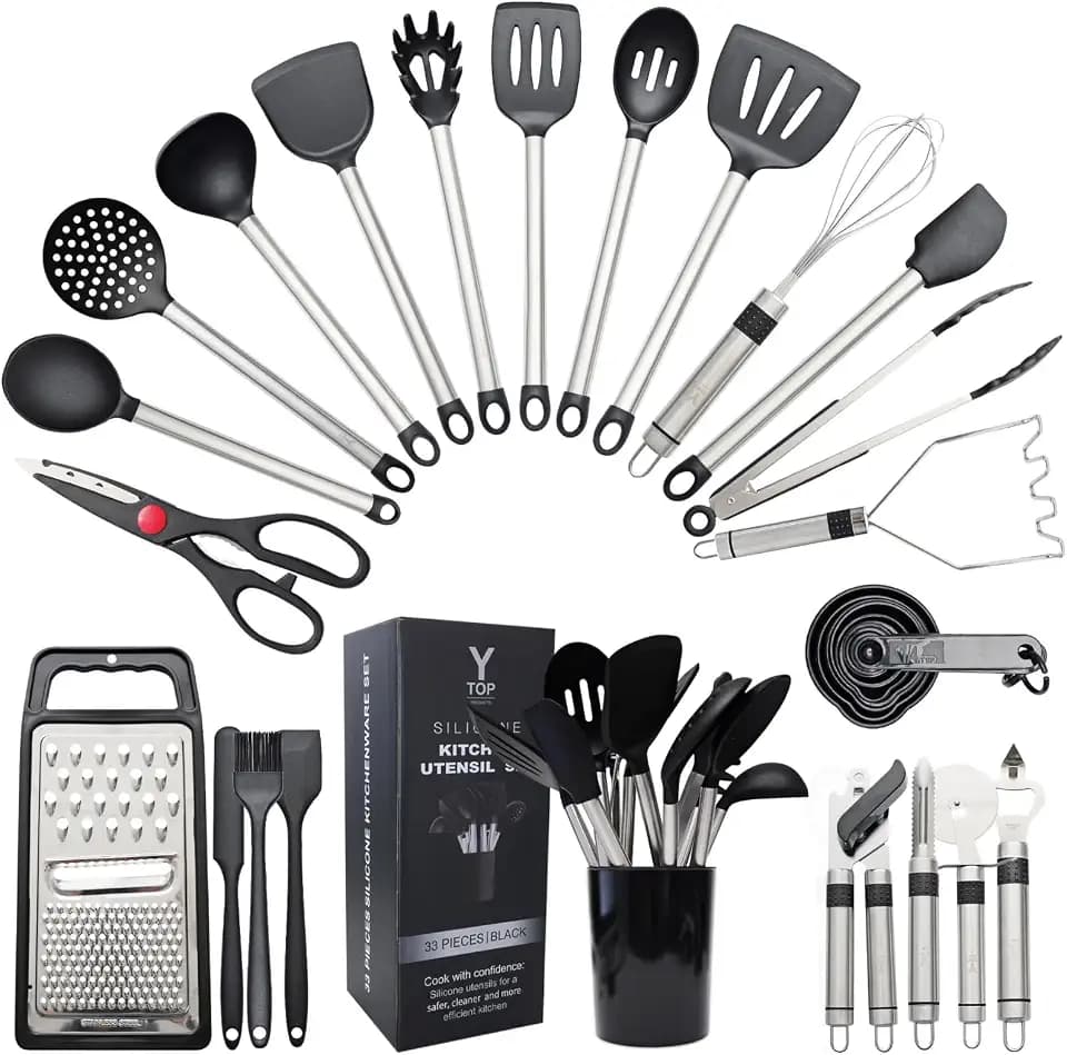 Silicone Kitchen Utensils Set 33 PCS Heat Resistant Food Grade Silicone Utensils Set for Cooking with Stainless Steel Handles BPA Free Kitchen Gadgets Tools Set with Holder Safe for Nonstick Cookware
