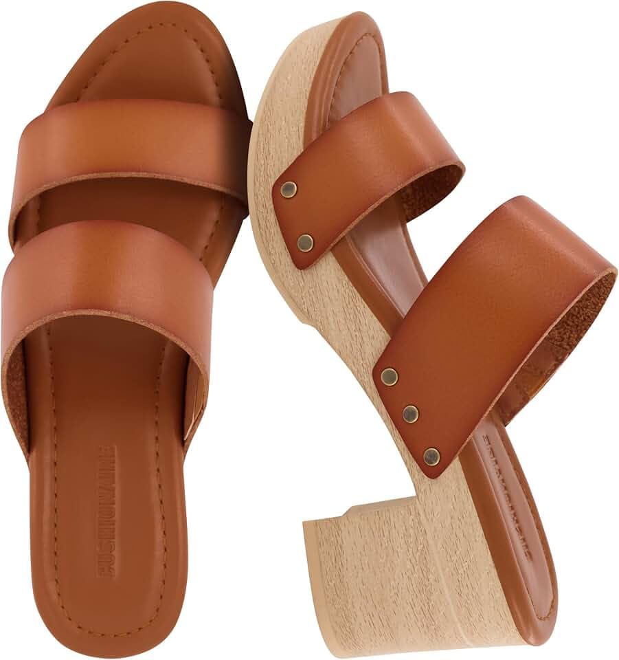 CUSHIONAIRE Sky Platform Sandals for Women, Faux Wood Block Heel Slide with Comfort Foam Footbed and Vegan Leather Straps, Wide Width Available