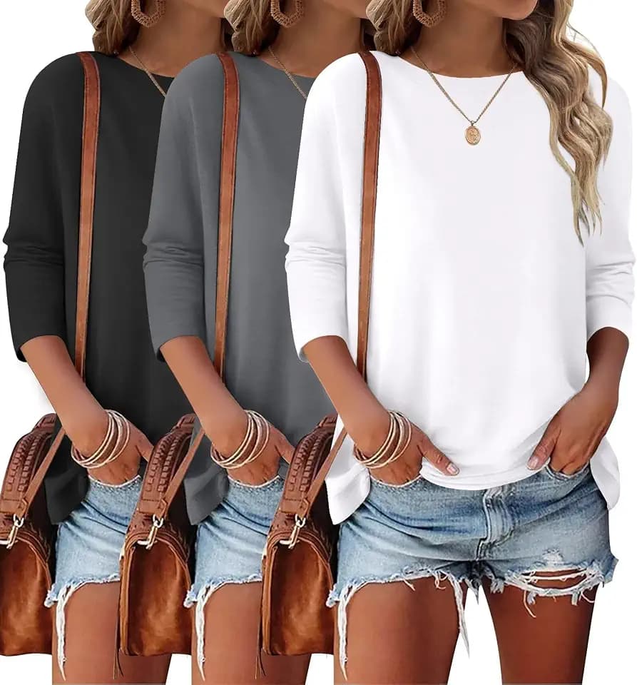 Bliwov 3 Pack 3/4 Sleeve Womens Tops Crewneck T Shirts Basic Casual Tees