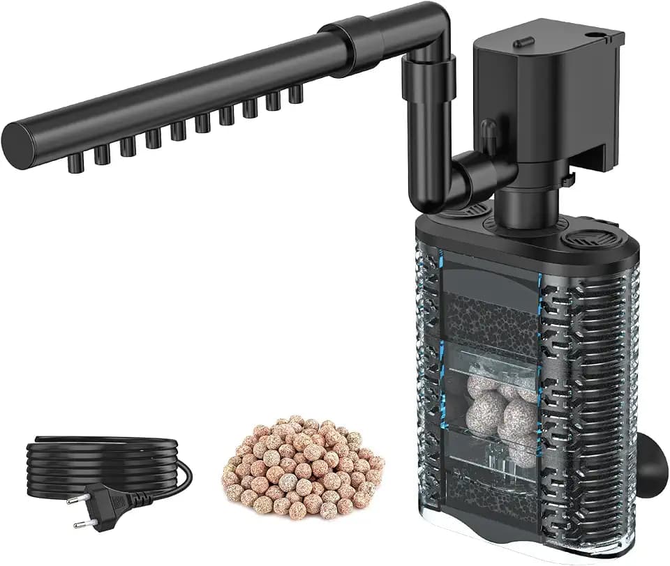 3-in-1 Aquarium Schwammfilter 3W für biologische und mechanische Filterung, USB Einstellbarer Leiser Aquarium Innenfilter mit 390L/H für Aquarien bis 100L