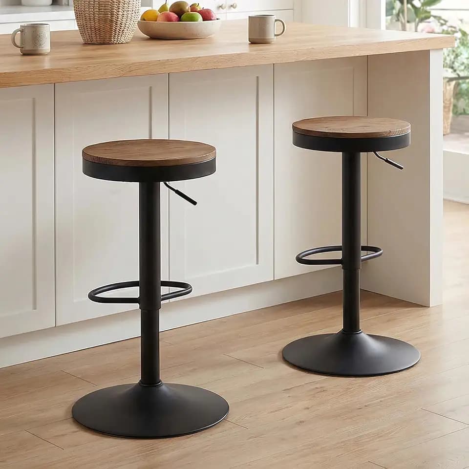 Kidol & Shellder Barhocker Esszimmerstühle 2er Set Schwarz Holzhocker Höhenverstellbar 360° Drehbar, Barhocker aus Holz und Metall, für Zuhause, Küche, Theke, Bistro