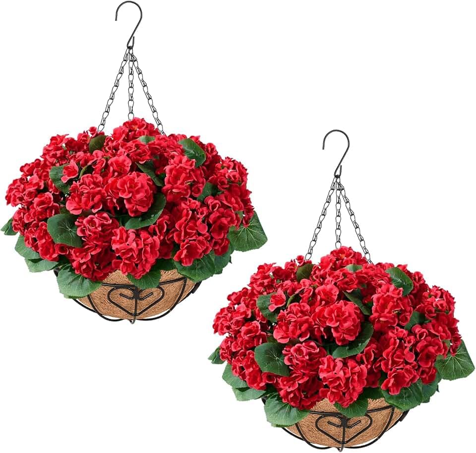 Waipfaru 2 Set Artificial Geraniums for Outdoors with Hanging Baskets, 12 Bundles UV Resistant Artificial Outdoor Plants, Fake Red Flowers for Spring Front Porch Home Patio Balcony Yard Decor