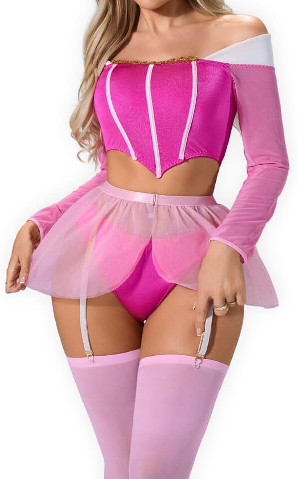 Pink Corset Lingerie Set for Women – Off Shoulder Bustier with Tulle Skirt & Garter, Princess Inspired Cosplay