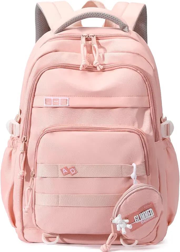 Cute Aesthetic Backpack for Girls Middle School Students Bookbag Teens Solid Color Lightweight Travel Daypack Casual Schoolbag with Coin Pouch,Pink