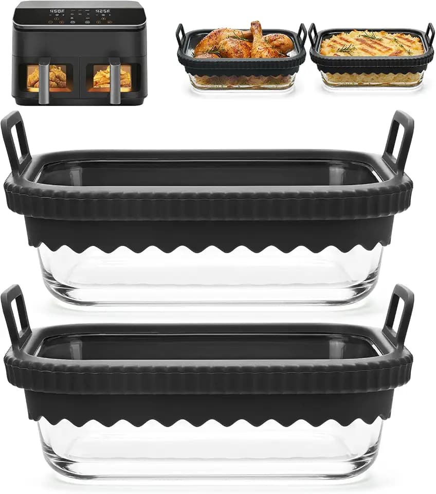 2 Stück Auflaufform Airfryer mit Silikongriffen für Ninja Cosori Philips, Airfryer Glasbehälter Hitzebeständig Kraztfest Spülmaschinenfest,Herausnehmbarer Silikonring Auflaufform für Heißluftfritteuse