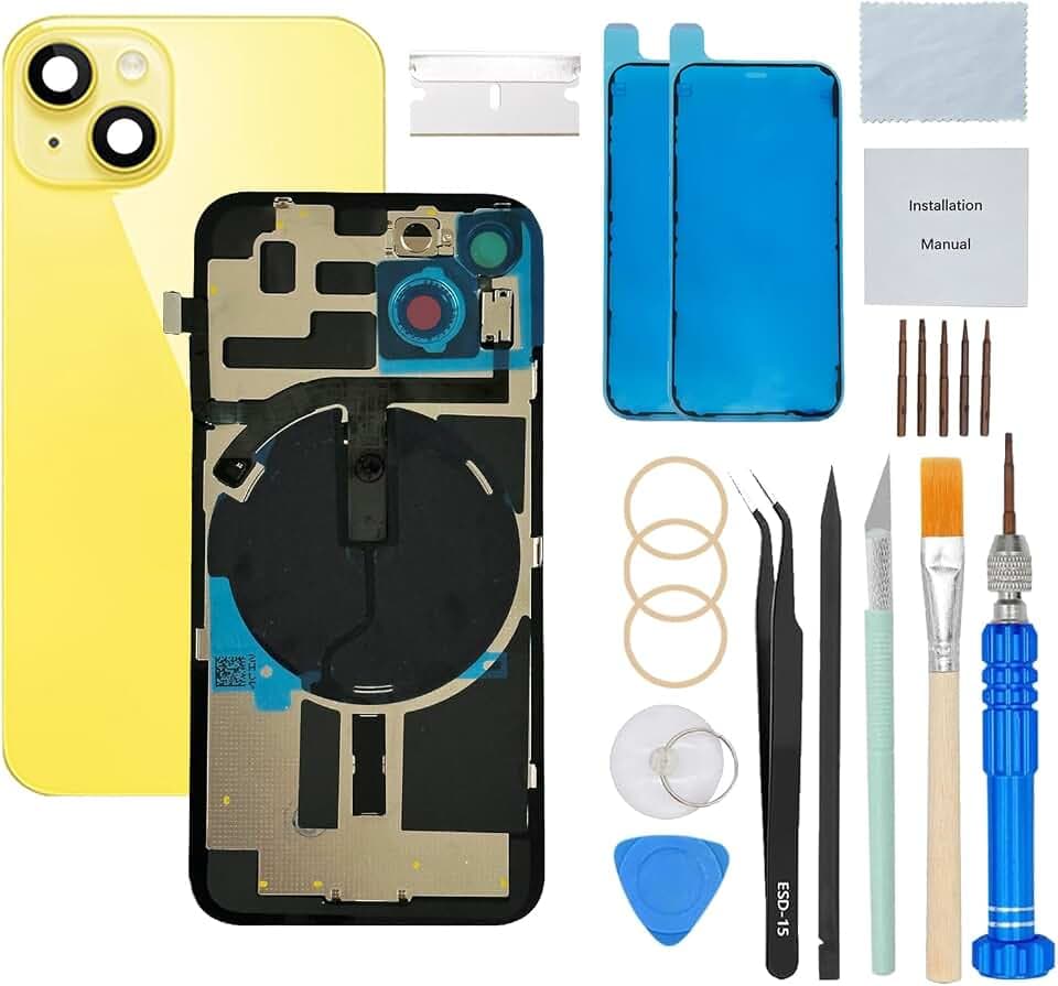 Rear Back Glass Replacement Compatible with iPhone 14 6.1" + Pre-Installed Plate + Charging Coil Flex Cable + Microphone + Flashlight + Camera Frame (Yellow)