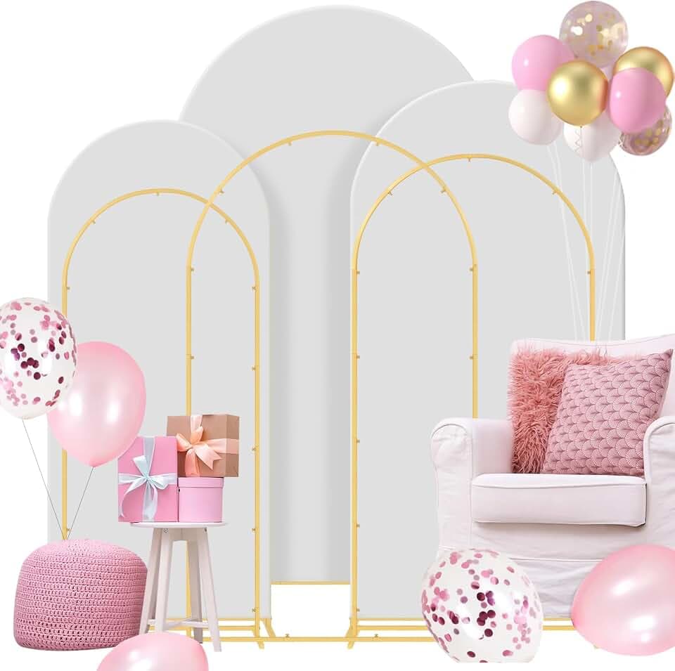 Gawicpy Wedding Arch Backdrop Stand Set Metal Arch Backdrop Stand with Wedding Arch Cover, Wedding Balloon Arch Backdrop Stand for Birthday, Baby Shower, Anniversary (White, 5.9FT+6.6FT+7.2FT)